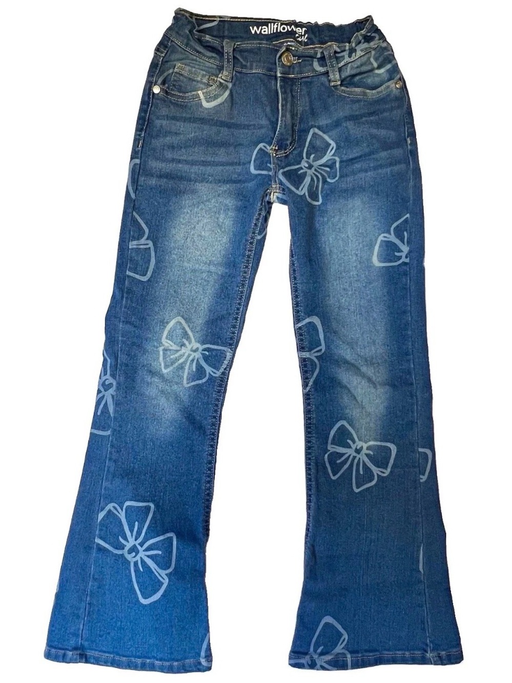 Wallflower Girl Bow Print Flare Jeans Blue Denim Size 8 Coquette Y2K